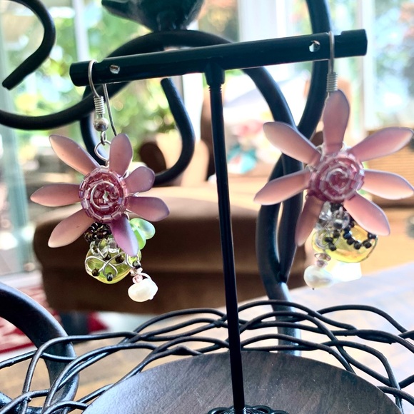 Vintage Glass Freshwater Pearl Earrings Jewelry - 🌟 SALE $25 🌟 Vintage Glass Beads Freshwater Pearl Wire Wrap Handmade Boho